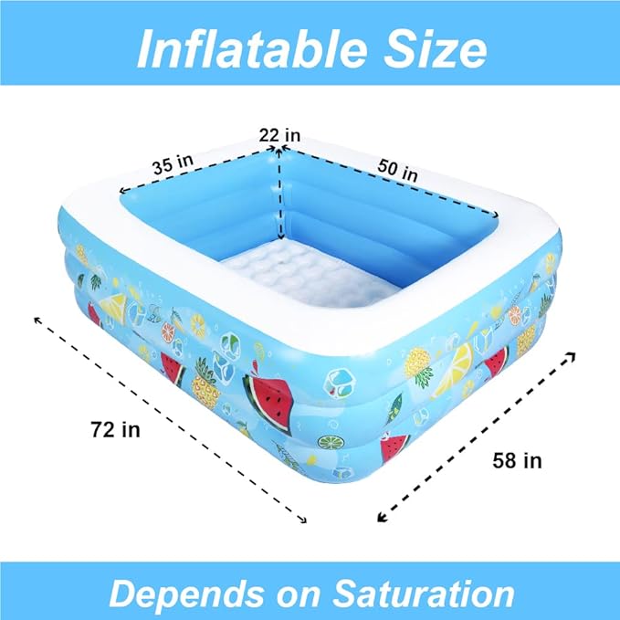 Kiddie Pool, 72"×58"×22" Inflatable Pool with Inflatable Soft Floor, Cool Summer Swimming Pool for Kids and Family, Blow Up Pool for Backyard, Garden, Indoor, or Outdoor