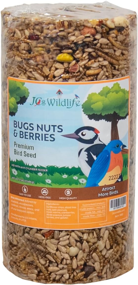 JCs Wildlife Bugs, Nuts and Berries Premium Bird Seed Small Cylinder with Hole, 1.5 lb (1 Cylinder)