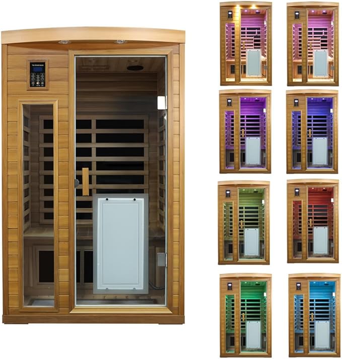 2 Person Infrared Sauna, Red Cedar Wood Low EMF Far Infrared Saunas for Home, 1750watt Indoor Personal Sauna Roombox with Door Heating Panels, 7-Color Lights, Outdoor Lamps, Blue-Tooth