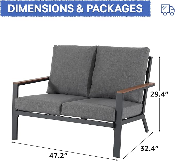 Soleil Jardin Aluminum Patio Furniture Loveseat, Outdoor 2 Seats Sofa Couch with FSC Certified Solid Wood Top, Outdoor Conversation Set Deep Seating Loveseat w/Removable Cushion, Dark Grey