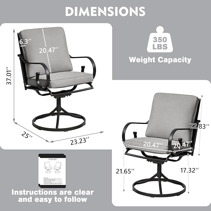 MELLCOM Patio Swivel Chair Set of 8, Heavy Duty Outdoor Dining Chairs with Thickened Cushions, Metal Patio Chairs Gentle Rocker for Outside, Garden Lawn & Porch, Backyard, Grey