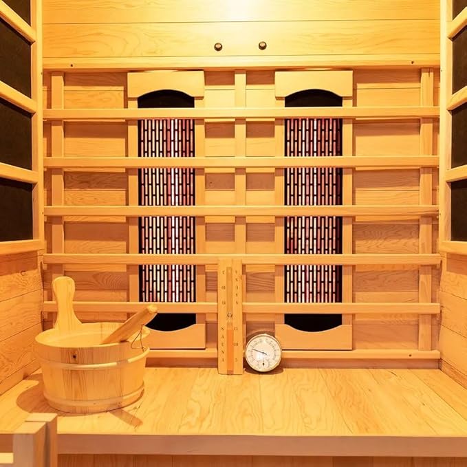Luxury Dual-System Wood Sauna Room for 2 Person, Hybrid Indoor Sauna Spa,Canadian Hemlock, 3.5KW Heater, 195°F Steam+149°F Far Infrared, 9 Heating Elements, 220V, Oxygen Ionizer, 8mm Tempered-Grass