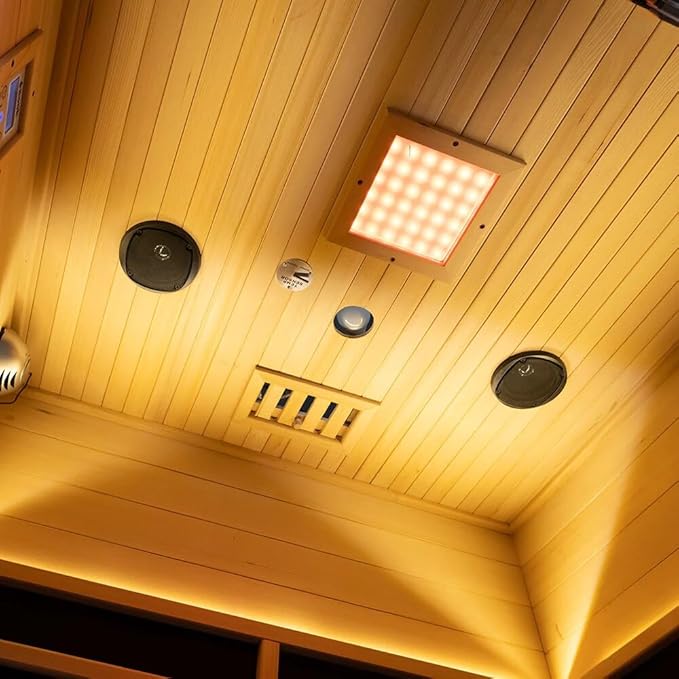 Low EMF Far Infrared Sauna for 2 Person, Canadian Hemlock Wood Sauna Room with Tempered Glass Door, WiFi Control, 110V, 10 Infrared Heaters, 2200W, Reading & 7-Color Starry Light, Oxygen Bar, Speaker