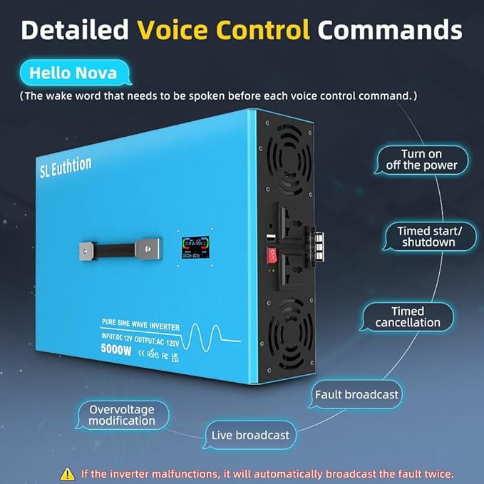 5000W Pure Sine Wave Power Inverter Voice Control AI Voice Assistant Support English 24V to 120V 60HZ with LCD Display, USB Port, for Car Home Laptop Truck