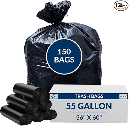 55 Gal Trash Bags | 150 Count | 36" X 60" Black Extra-Large Garbage Bags for Big Jobs