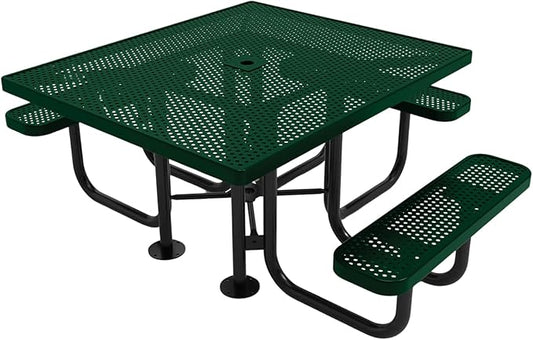 COATEDOUTDOORFURNITURE Heavy-Duty Portable ADA-Compliant Outdoor Picnic Table with Umbrella Hole, Punched Steel Patio Dining Furniture Made in America (46" Square Top, Textured Green)