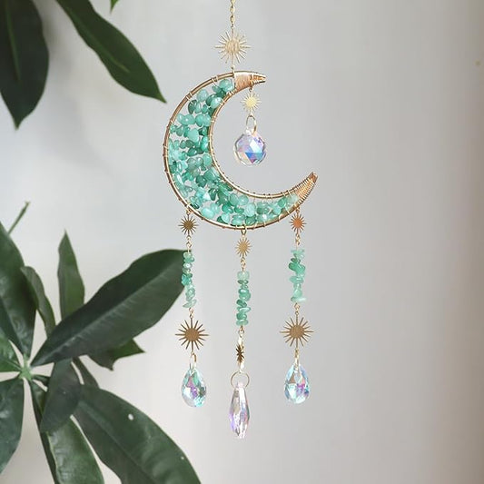 Moon Suncatcher Hanging Decor, Boho Chic Green Aventurine Crystal Sun Catcher, Spritual Sun Light Catcher for Windows, Crescent Moon Housewarming Gift (Aventurine)