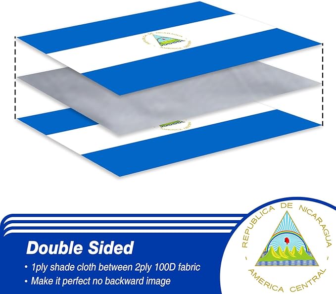 Nicaragua Nicaraguan Flag 3x5 ft Outdoor, Double Sided 3 Ply Heavy Duty Nicaragua National Country Flag, 100% Quality Polyester Nicaraguan Banner with Brass Grommets 4 Rows Stitches