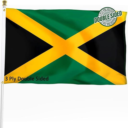 Jamaica Jamaican Flag 3x5 ft Outdoor, Double Sided 3 Ply Heavy Duty National Flag for JM, 100% Quality Polyester Jamaican Banner with Brass Grommets 4 Rows Stitches