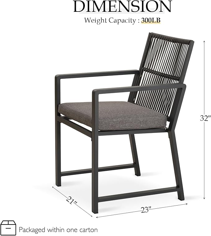 Aluminum Outdoor Patio Dining Chairs -Imitation Rope Vine Chair Ergonomic Backrest Design Detachable Seat Cushion Soft and Breathable Garden/Porch, Black 2Pcs