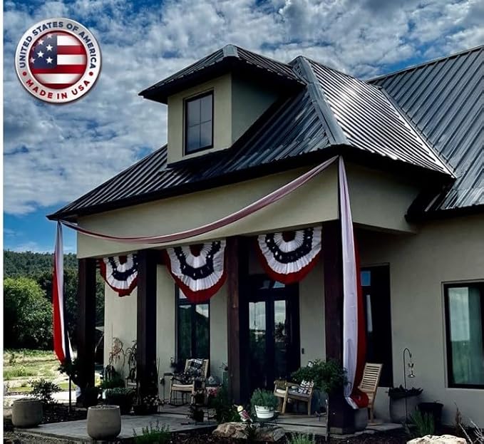 American Pleated Fan Flag Bunting. 4 x 8 ft Embroidered Stars & Sewn Stripes USA Indoor/Outdoor Nylon Bunting Banner. Perfect for July 4th and America 250 events. 100% Made in America by Old Glory Bunting