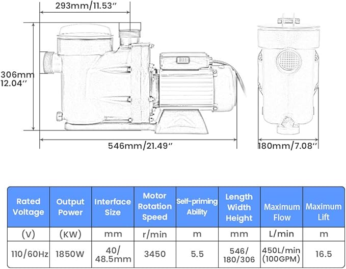 Anbull 2.5HP Swimming Pool Pump, 1850W In/Above Ground Pool Pump with 59.05'' Electric Cord, High Efficiency and Low Noise, Apply to Water Circulation in Filtration System (110-120V/60HZ)