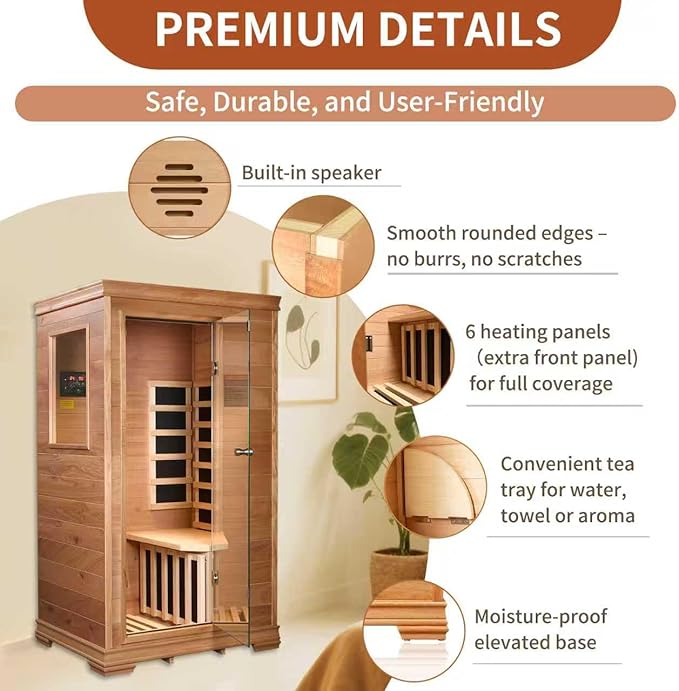 Far Infrared Sauna Room for 1 Person, Low EMF 960W/120V with Elevated Base, 6 Heating Panels, Built-in Speakers, Tea Tray, Control Panel, 35 × 27 × 61 Inch (35 * 27 * 61 Inch)
