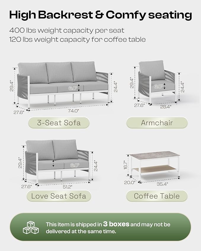 Aluminum Outdoor Patio Furniture Set, HDPE Rope 4 Piece Modern Sectional Conversation Sets with Dual-Layer Coffee Table, All Weather Patio Couch Sofa with Thick Cushions, White Frame, White