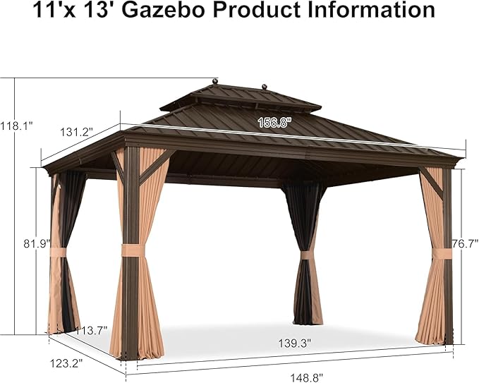PURPLE LEAF 11' X 13' Outdoor Hardtop Gazebo Patio Wide Aluminum Frame Galvanized Steel Double Roof with Heavy Duty Netting and Curtains for Permanent Hard Top Pavilion Screen,Khaki