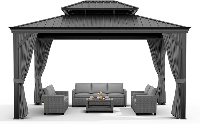16'x12' Hardtop Gazebo, Heavy Duty Aluminum Permanent Hardtop Gazebo Outdoor Pavilion with Curtains and Netting for Garden (Gray, 16'x12')