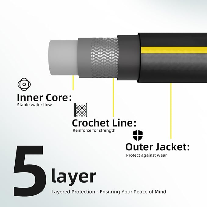 Solution4Patio Long Black Garden Hose 5/8 in. x 50 ft. -Kink Free, No Leaking, Male/Female Fittings -Heavy Duty Durable Flexible Lightweight Water Pipe -Brass Aluminum Ends for Household & Yard Use