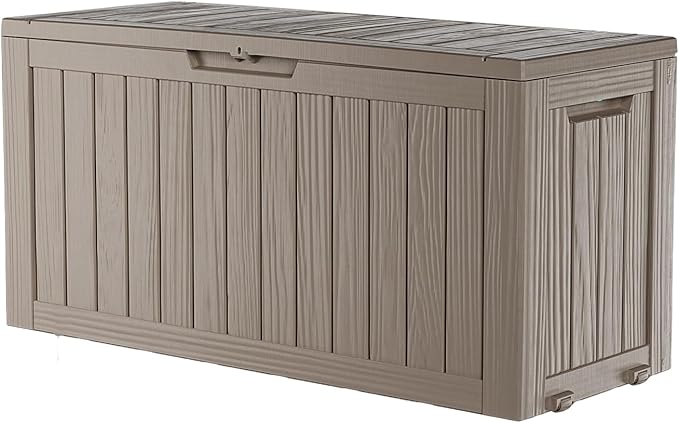 Deck Box Outdoor with 75 Gallon, Rollers for Mobility, Handles Waterproof Storage Box with Lockable for Store Garden Tools Backyard, Multi-Functional Seat & Table, Light Brown