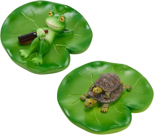 2 PCS Turtle and Frog Resin Statues on for Lotus Leaves, Vibrant Green Outdoor Decor for Gardens, Pools, Ponds, Flower Pots - Perfect for Easter, Halloween, Christmas, Garden Decorations