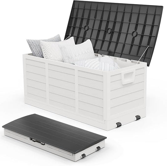 VINGLI 75 Gallon Collapsible Outdoor Storage Box, Simple-to-assemble Plastic Storage Containers with Lid, Patio Deck Box Furniture for Garden, Pool, Balcony, Yard (White)