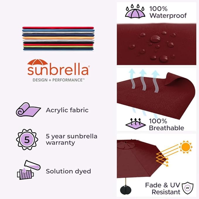 Midtown Umbrellas Push Pop Sunbrella Umbrella 8 Feet Outdoor Umbrella in Burgundy Acrylic Fabric - Patio, Backyard, Garden, Picnic Table & Pool - Black Pole