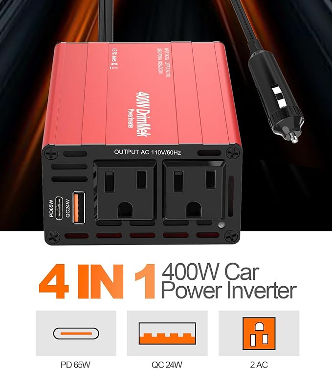 400W Car Power Inverter - Dual DC 12V to 110V AC Car Plug Adapter Outlets, Fast Charging USB C 65W & 24W Port, Power Inverters for Vehicles, Laptop Car Charger, Road Trips
