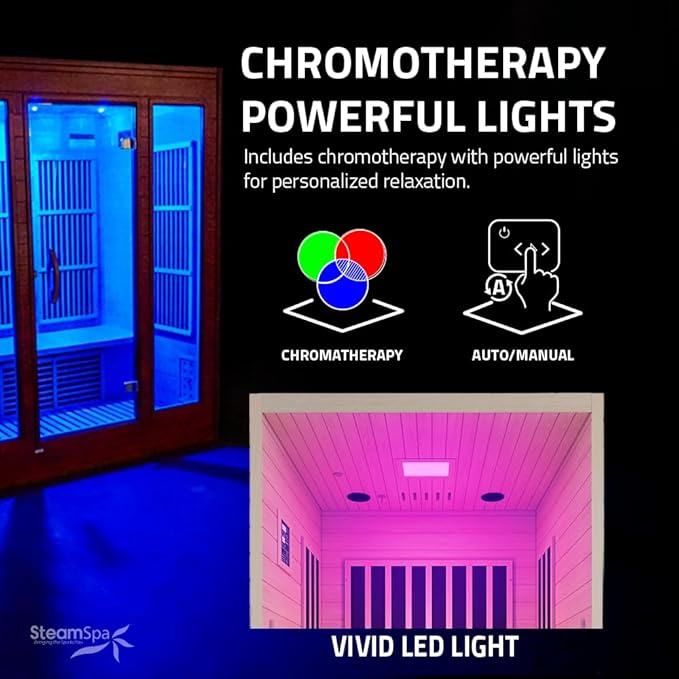 SteamSpa 1-2 Person Low EMF Carbon FAR Infrared Hemlock Wood and Tempered Glass Indoor Home Sauna Room with LED Touch Control Panel, Color LED Therapy Light, Bluetooth Speaker