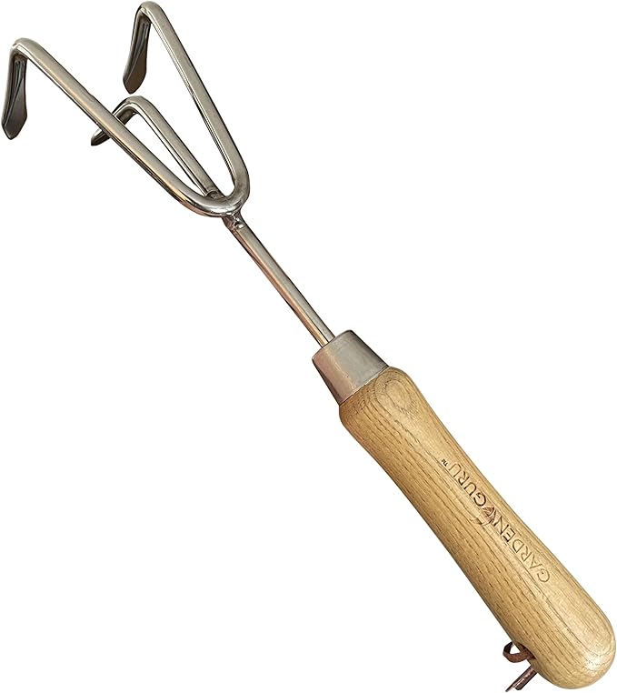 Garden Guru Eco Hand Cultivator Rake Tiller Tool- 100% Recycled Stainless Steel - Rust Resistant - FSC Certified Wood Ergonomic Handle - Great for Gardening Cultivating Loosening Weeding
