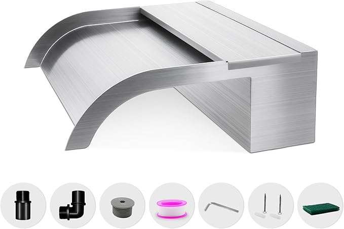 Waterfall Spillway, Stainless Steel Pool Fountain w/Top Open Lip & Pipe Connector Kits for Outdoor/Indoor Decorative, 11.8'' Pool Water Feature for Garden Patio, Backyard Koi Pond Decor