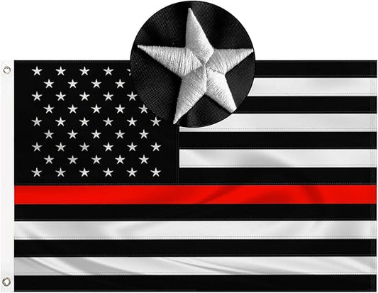 Embroidered Thin Red Line Firefighter Flag 3x5 Outdoor Fire Fighter Flags Polyester Fiber Fireman Flag Banner Bright Color with Durable Canvas Header and 2 Brass Grommets