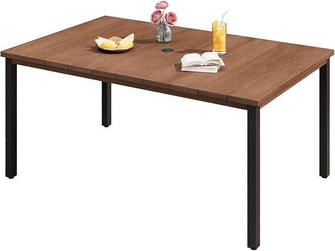 DIFY 63" Outdoor Patio Dining Table for 6, Metal Rectangular Steel Slat Patio Table with 1.57" Adjustable Umbrella Hole, Weather-Resistant for Garden Backyard Poolside Deck, Walnut