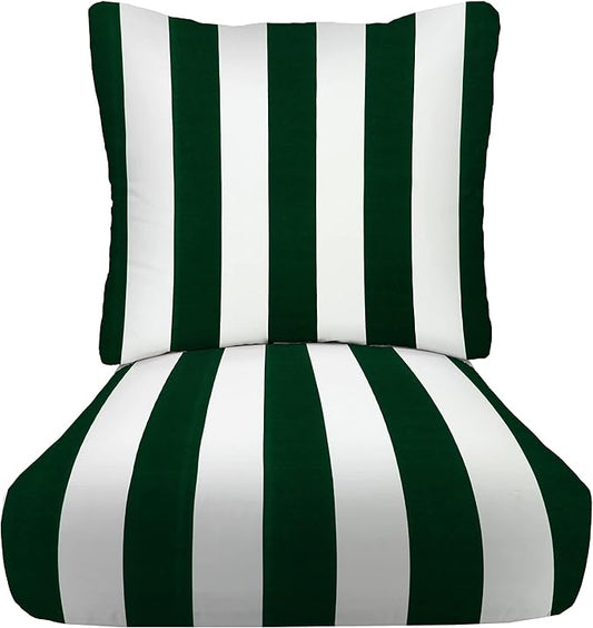 RSH DECOR Deep Seating Cushion with Pillow Back | 23.5” x 25” x 5" Seat | Water and Fade-Resistant Spun Fabric | Made in USA | Outdoor Chair Cushion Set for Patio (Hunter Green & White Stripe)