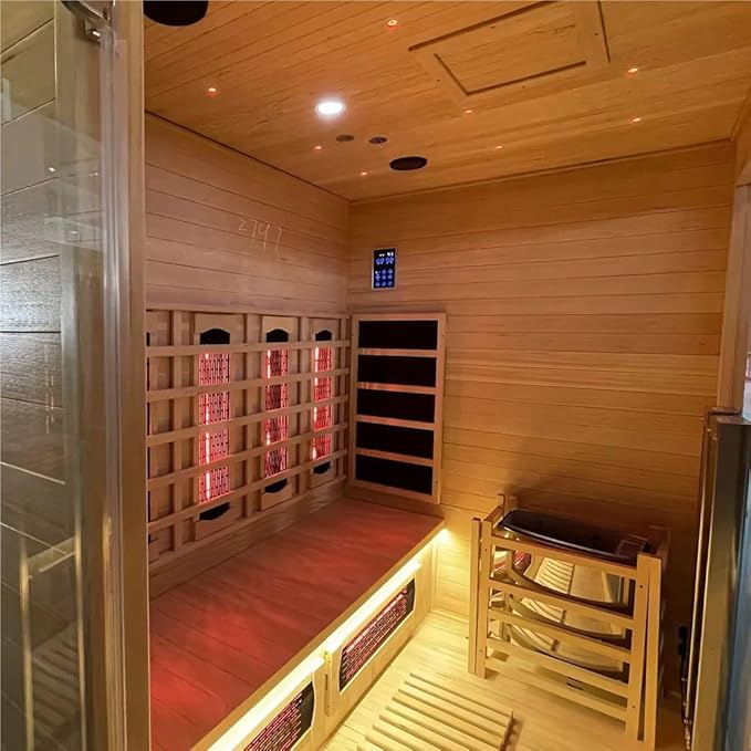 3-4 Person Hybrid WiFi Control Indoor Sauna, Far Infrared Wood Steam Sauna Room, Canadian Hemlock, Red Light Therapy, 11 Heating Elements & Electric Stove, Large Tempered Glass Door, Left Door
