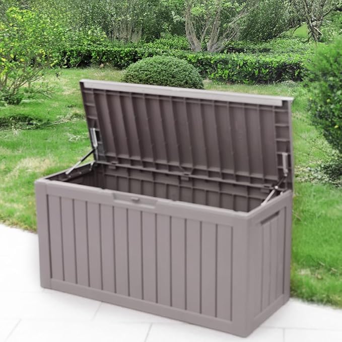 BTEXPERT 80 Gallon Deck Box Outdoor Storage Container with Metal Support Rods for Patio Furniture Garden Tools Cushions Waterproof Lockable UV Resistant Set of 2