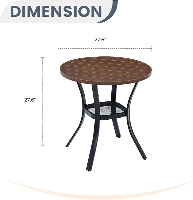 VICLLAX Round Patio Dining Table, Metal Outdoor Bistro Table with Storage Shelf for Balcony Garden Deck, 27.6 Inch Walnut