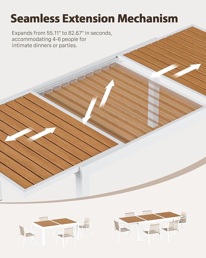 ZANDOR Expandable Outdoor Dining Set for 4-6-8,Patio Table and Chairs Set with Wood Top for Garden,Backyard,Porch,55"-82.7" Extendable Aluminum Outdoor Table Set with 6 Chairs,White