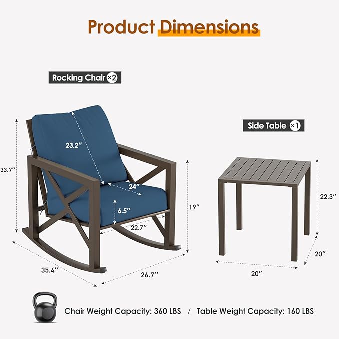 Outdoor Rocking Bistro Set, Patio Rocking Chairs Set of 2 with Coffee Table, 3 Pieces Metal Conversation Sets with 6.5" Thick Cushions for Backyard, Porch, Poolside, Oversized (Blue)