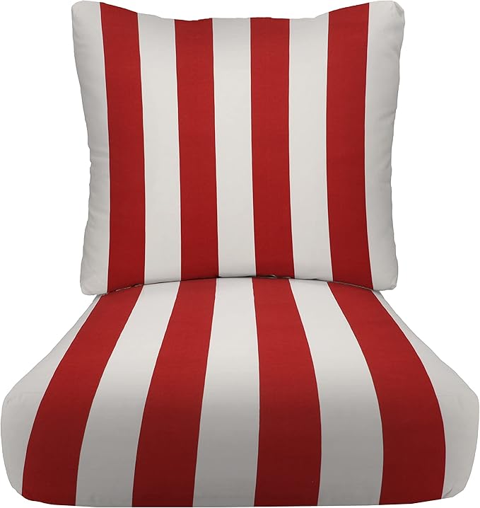 RSH DECOR: Deep Seating Cushion with Pillow Back | 25” x 25” Seat | Water and Fade-Resistant Spun Fabric | Outdoor Chair Cushion Set for Patio Furniture | Red & White Stripe