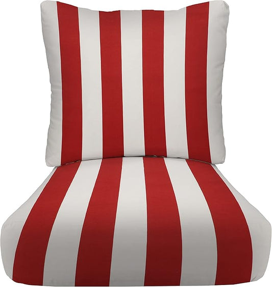 RSH DECOR: Deep Seating Cushion with Pillow Back | 25” x 25” Seat | Water and Fade-Resistant Spun Fabric | Outdoor Chair Cushion Set for Patio Furniture | Red & White Stripe