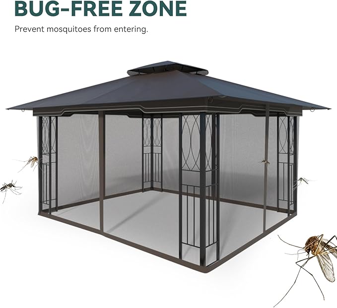 11x13 Outdoor Patio Gazebo with Mosquito Netting and Corner Frame Screen Wall, Double Roofs Metal Frame Party Canopy Tent Shelter for Backyard Garden Deck - Brown
