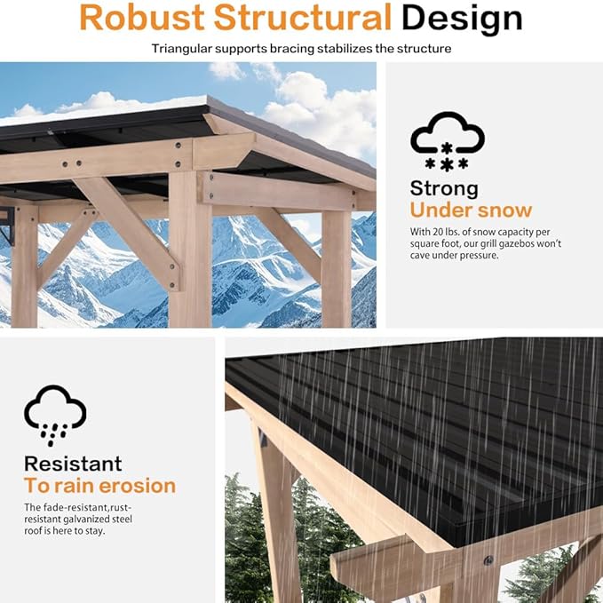 8x10 FT Wood Grill Gazebos, BBQ Wooden Gazebo with Hardtop Sloping Steel Roof, Wood Outdoor Gazebo Pavilion with 2 Side Storage Shelves,Cedar Frame Patio Tent for Barbecue, Garden, Deck