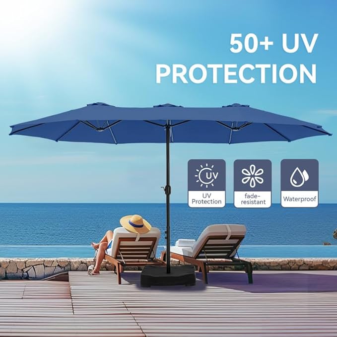 GREEN PARTY 15 ft Rectangle Patio Umbrella with Base Included, Double-Sided Table Umbrella with Crank, Large Outdoor Umbrellas for Patio Poolside Garden Backyard, Haze Blue