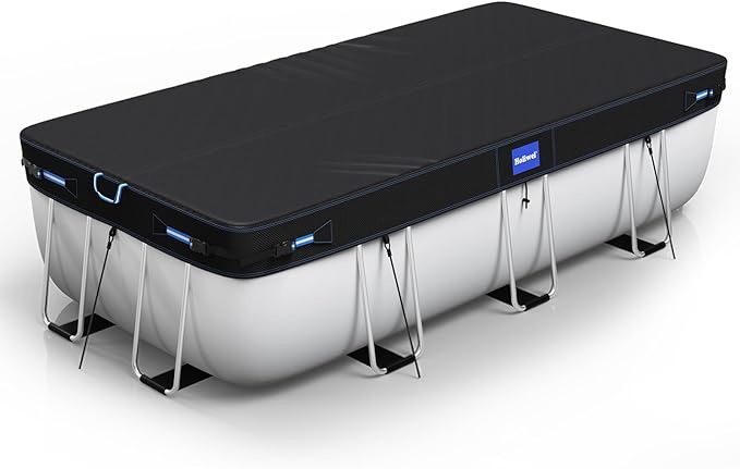 12x21 Ft Rectangular Pool Cover with Reflective Strips for Above Ground Pool, 420D Swimming Pool Cover for Rectangular or Oval Frame Pools, Solar Cover with Drawstring and Ground Nails