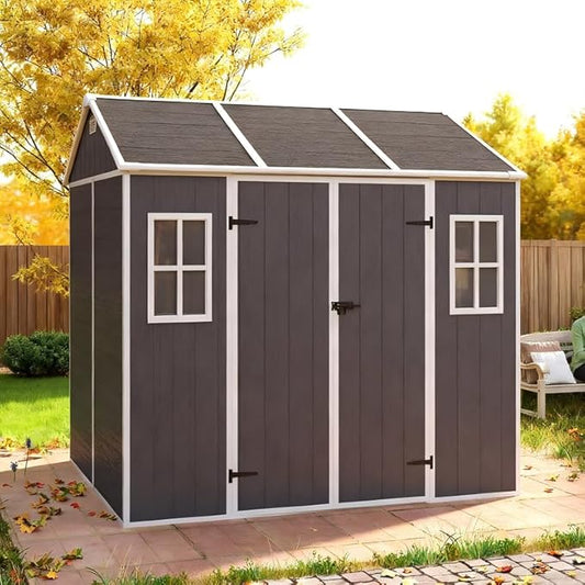 8x7 FT Resin Outdoor Storage Shed with Floor and Window, Outside Waterproof Plastic Garden Sheds w/Lockable Door & Vents, All-Weather Tool House for Patio, Backyard, Lawn, Dark Gray