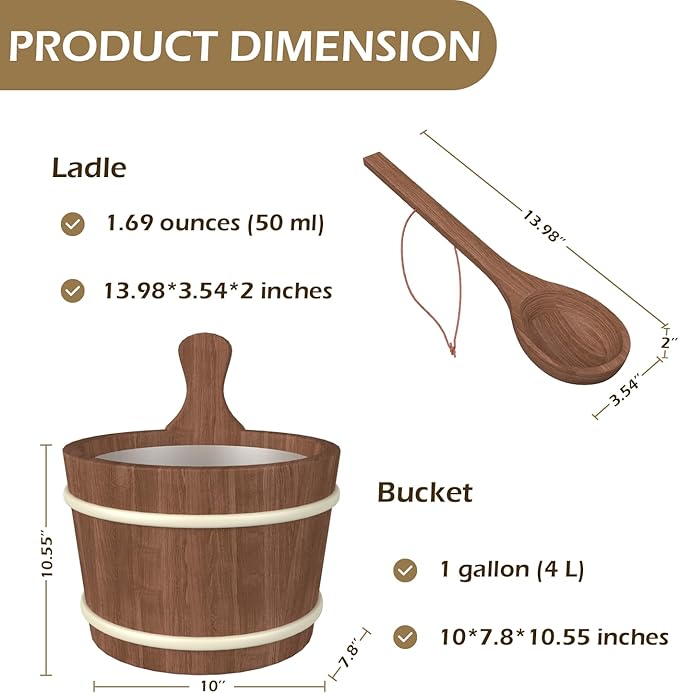 Sauna Bucket and Ladle, Sauna Accessories Made of Hand-Made Red Cedar, Wooden Sauna Set with Plastic Lining and Handle