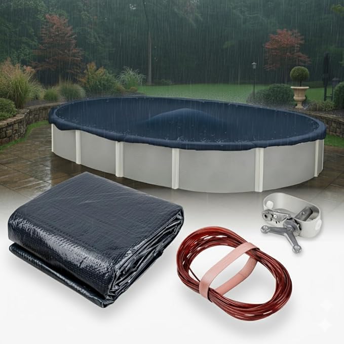 Premium Winter Pool Cover for Above Ground Oval Pool, 12' x 18' Ft., Aboveground Pools Winter Cover, Heavy Duty, Includes Winch and Cable, UV Protection, Solid Blue