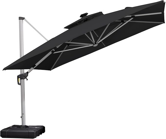 PURPLE LEAF 11 Feet Double Top Deluxe Solar Powered LED Square Patio Umbrella Offset Hanging Umbrella Outdoor Market Umbrella Garden Umbrella, Black
