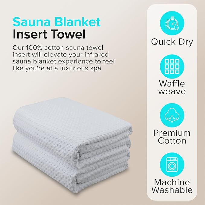Sauna Blanket Towel Insert - 2 Pack Light Grey 100% Cotton Waffle - Home Infared Sauna Sessions Without The Cleanup - Absorbent and Quick-Drying Sauna Towels