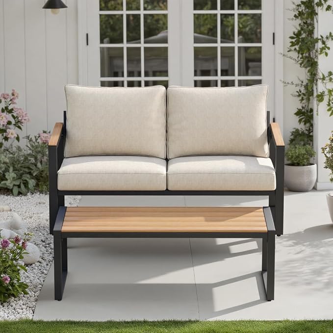 Outdoor Furniture Set, Patio Loveseat and Coffee Table, Outdoor Conversation Chair Sets for Balcony Backyard Park Garden, Beige