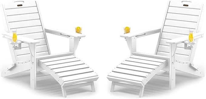 Folding Adirondack Chairs Set of 2,Adirondack Chair with Retractable Ottoman,Plastic Adirondack Chairs with 2 Cup Holder,Weather Resistant Patio Chair,Outdoor Chairs Set of 2(White)
